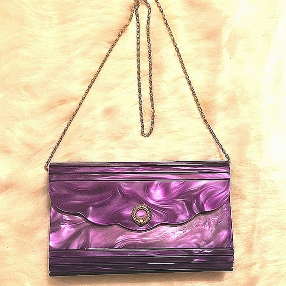 Rare Vintage Farnell Paris Purple Lucite, Mother Of Pearl Clutch Bag